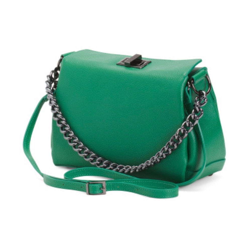 Viola Castellani Green Pebble Leather Turn Lock Chain Shoulder Bag Made in Italy